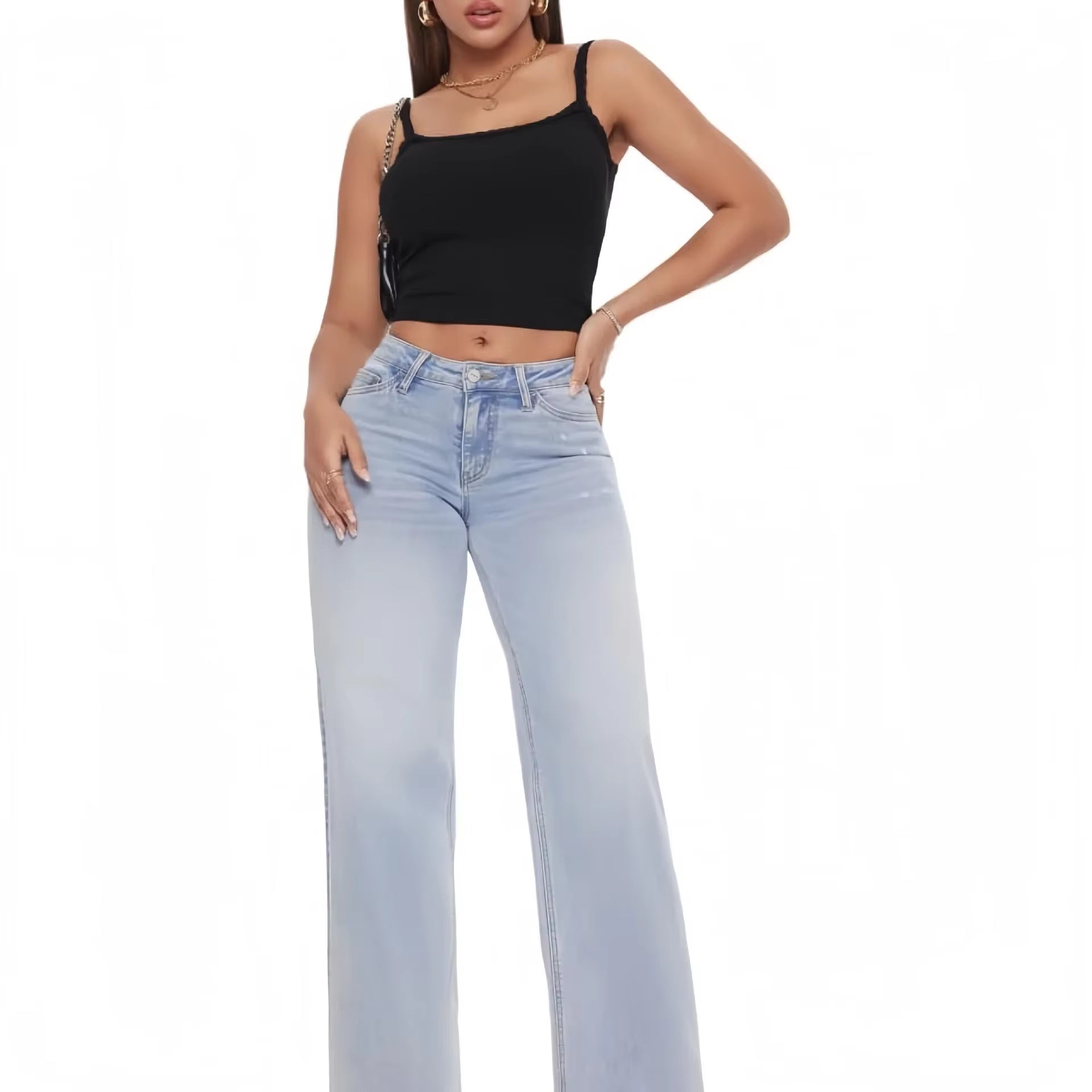 Women'S Loose Wide Leg Elastic Jeans Mid Waist Butt Lifting Straight Loose Denim Pants New 2025 Cross-Border Slim Fit